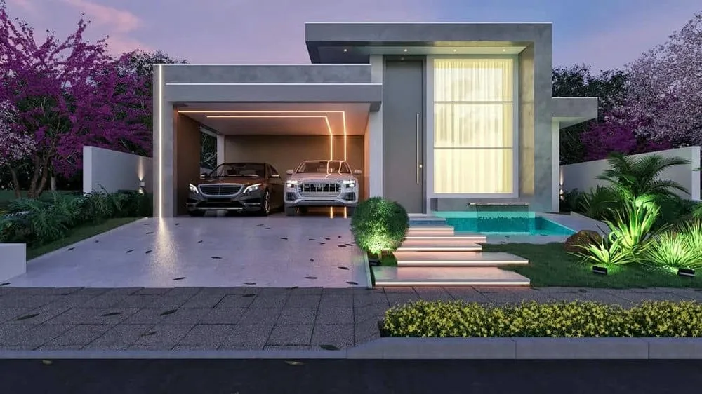 Fachada moderna do Projeto Toledo, casa térrea com piscina e 3 quartos.