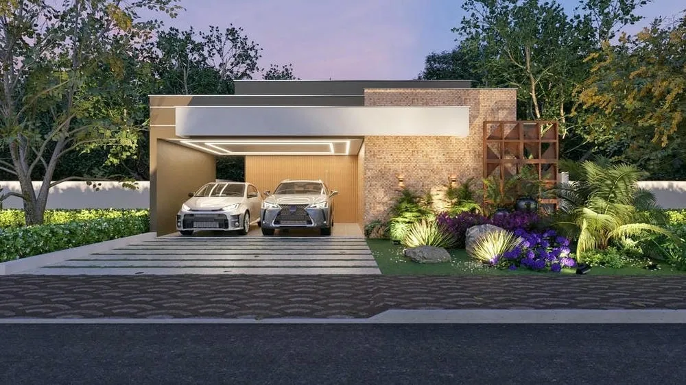 Fachada moderna do Projeto Vancouver, casa térrea com cozinha gourmet e 3 quartos.