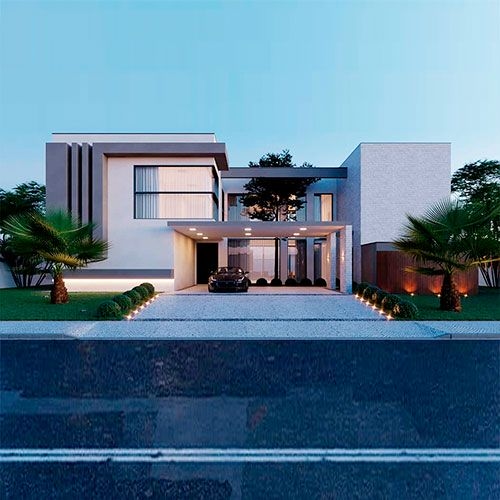 Fachada moderna e elegante de uma casa de alto padrão com iluminação noturna, jardim e garagem para carro.