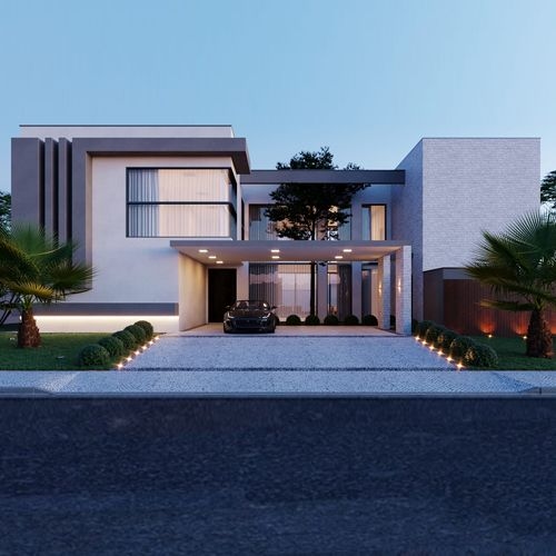 Fachada moderna y lujosa con líneas rectas y grandes aberturas de vidrio, con paisajismo exuberante en primer plano.