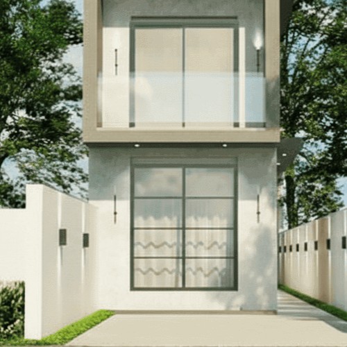 Fachada moderna e minimalista de uma casa para o programa Minha Casa Minha Vida, com detalhes em vidro, iluminação externa e paisagismo.