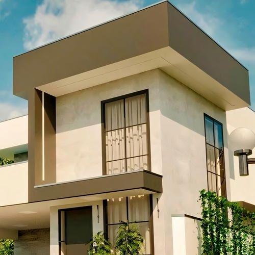 Fachada de casa moderna con platabanda blanca, escondiendo el techo, en medio de árboles y plantas. La platabanda es una extensión horizontal de la pared más allá del techo, confiriendo un visual limpio y elegante.