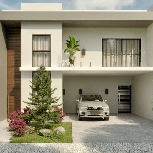 Fachada de casa moderna em terreno 10x20 com garagem coberta, varanda com plantas e detalhes em madeira, ideal para projetos arquitetônicos compactos e contemporâneos.