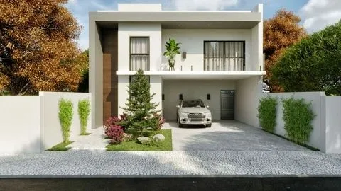 Fachada de sobrado com arquitetura moderna, pé direito duplo e iluminação charmosa, Projeto Bélgica.