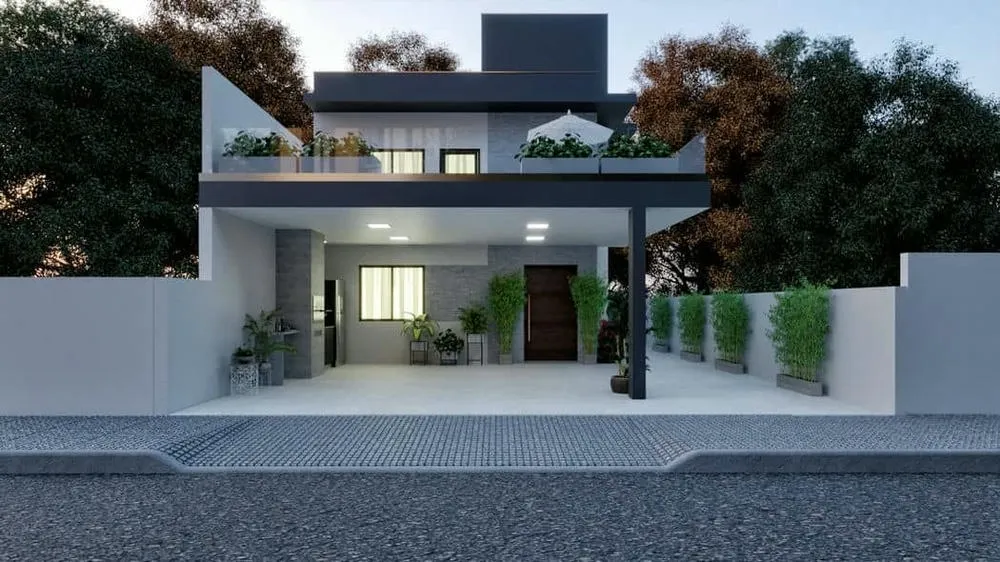 Fachada elegante e funcional do Projeto Marrocos, sobrado para terreno 10x20.