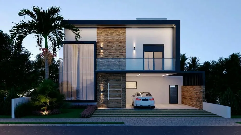 Fachada de sobrado moderno com pé direito duplo, janela de canto e guarda-corpo de vidro, destacando o design contemporâneo e a iluminação.