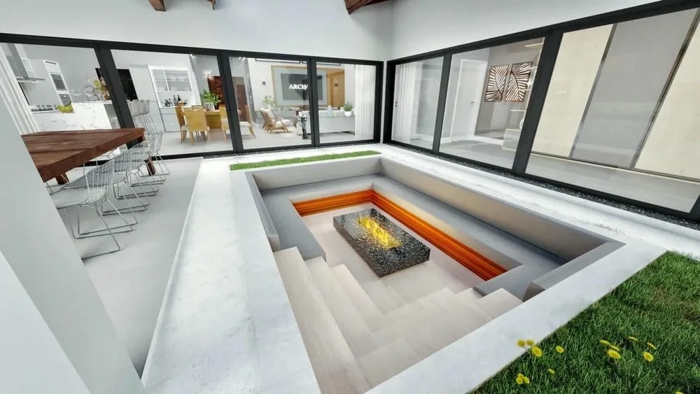 Fire pit in a gourmet area with barbecue, from ArchShop's Barcelona Project, ideal for gatherings.