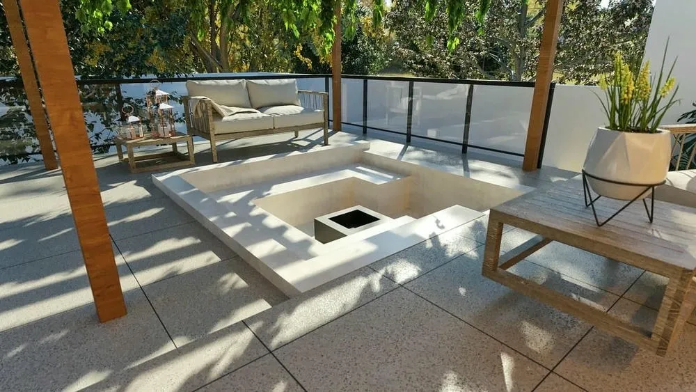 Fire pit in an outdoor environment with integrated landscaping, from ArchShop's Los Angeles Project, ideal for relaxation.