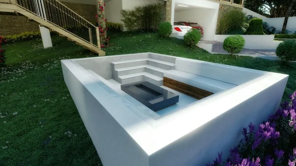 Fire pit with minimalist design, part of ArchShop's Cordova Project, ideal for a tranquil environment.