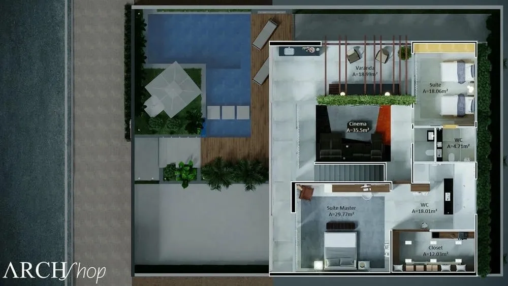 First floor of a house plan with cinema, 3 suites, and gourmet balcony, Madagascar Project.