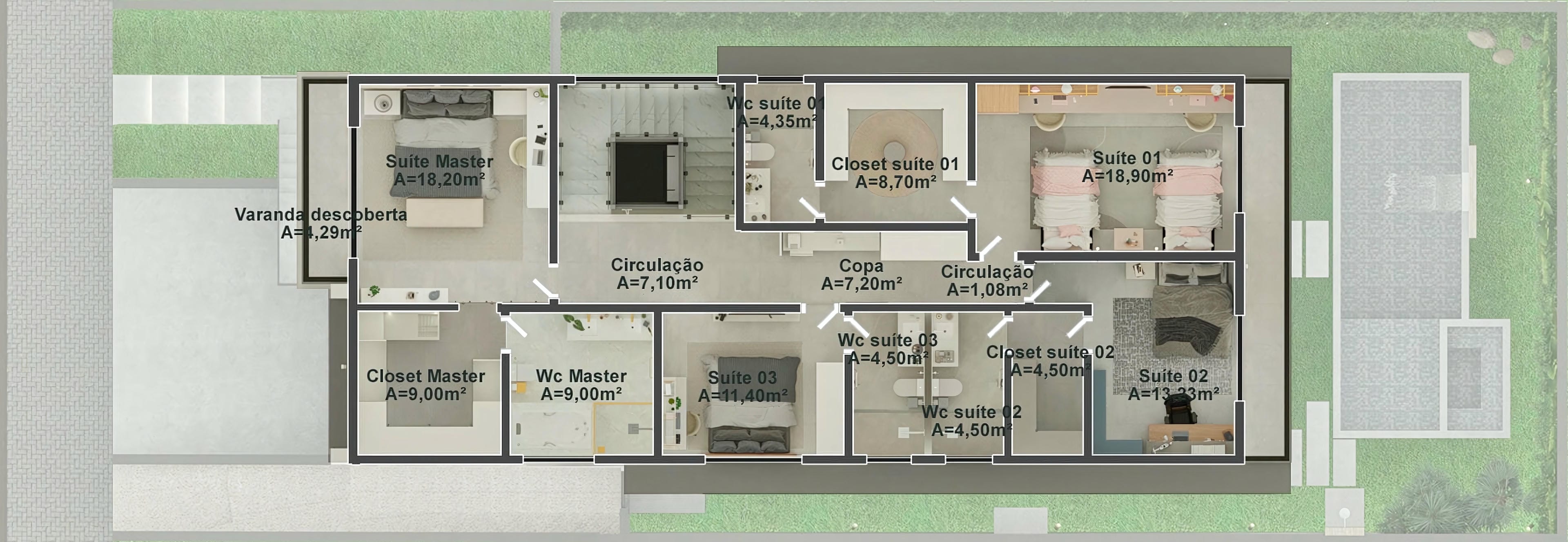 Detailed floor plan of a modern 2-story house with 4 suites, including a master closet, home office, and covered balcony.