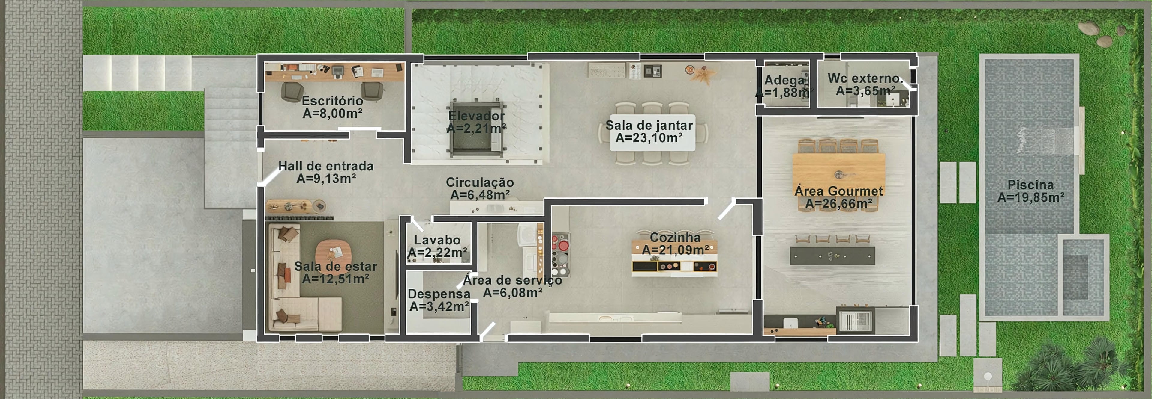 Floor plan of a modern 2-story house with 4 suites, integrated gourmet area, home office, and pool. Details the living room, dining room, and kitchen.