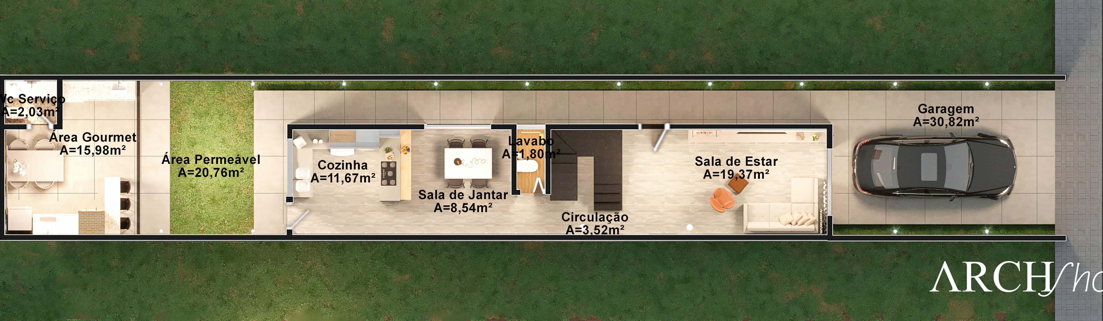Detailed floor plan of a compact two-story house with a separate gourmet area at the back, integrated kitchen, dining room, half bath, living room, and a two-car garage.