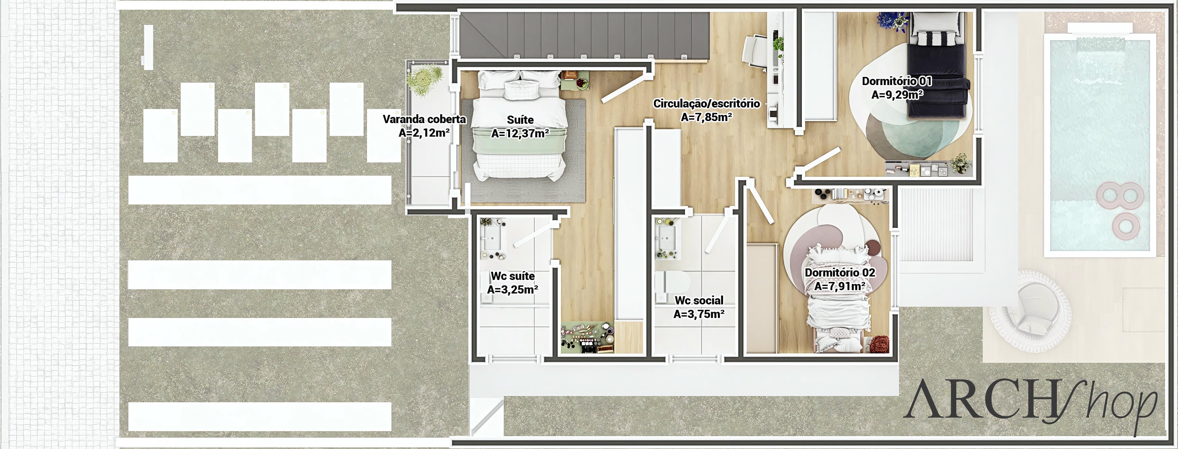 Detailed floor plan of a compact house, showing the internal distribution with a suite, two bedrooms, office, bathrooms, gourmet area, and pool.