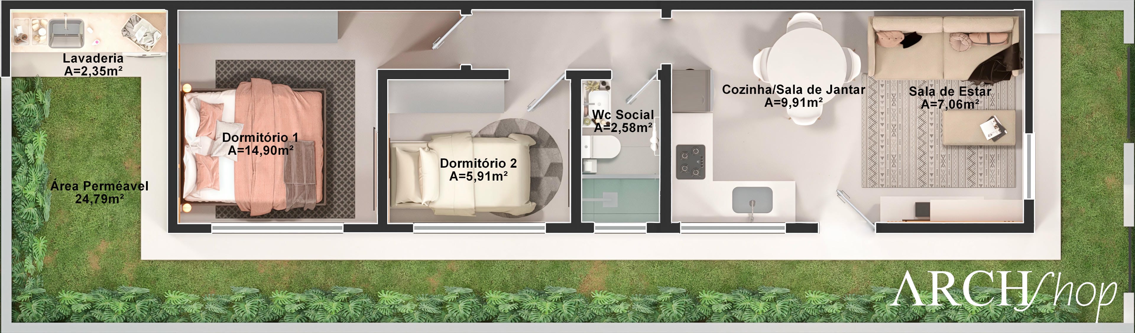 Floor plan of a single-story house with two bedrooms, living and dining rooms integrated with a functional kitchen, laundry, and permeable area.