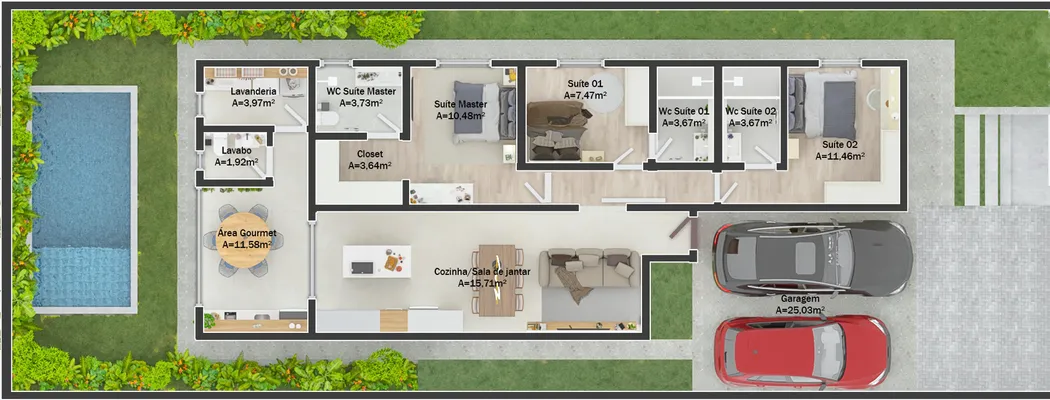 Floor plan of a modern single-story house with 3 suites, integrated gourmet area, kitchen, dining room, and leisure area with a pool.