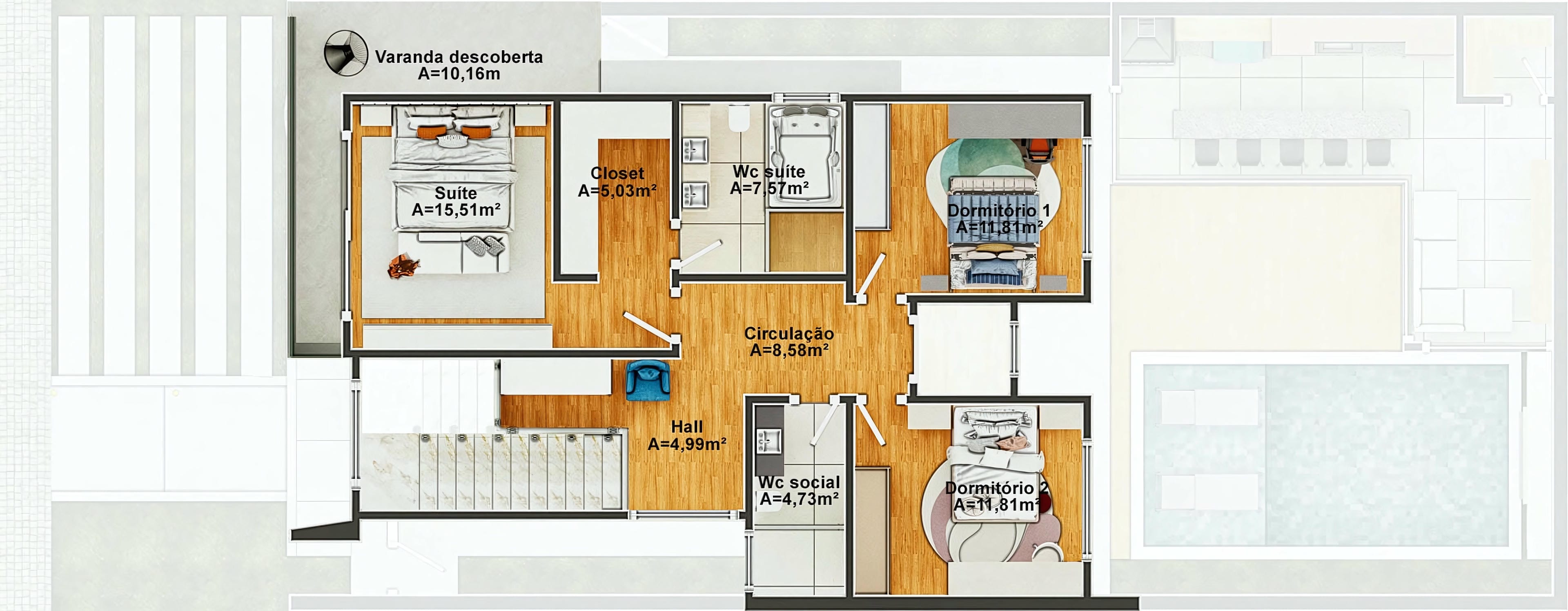 Detailed floor plan of a two-story house with 3 bedrooms, including a suite with a closet and uncovered balcony. Large environments with efficient circulation and social area with hall and powder room.