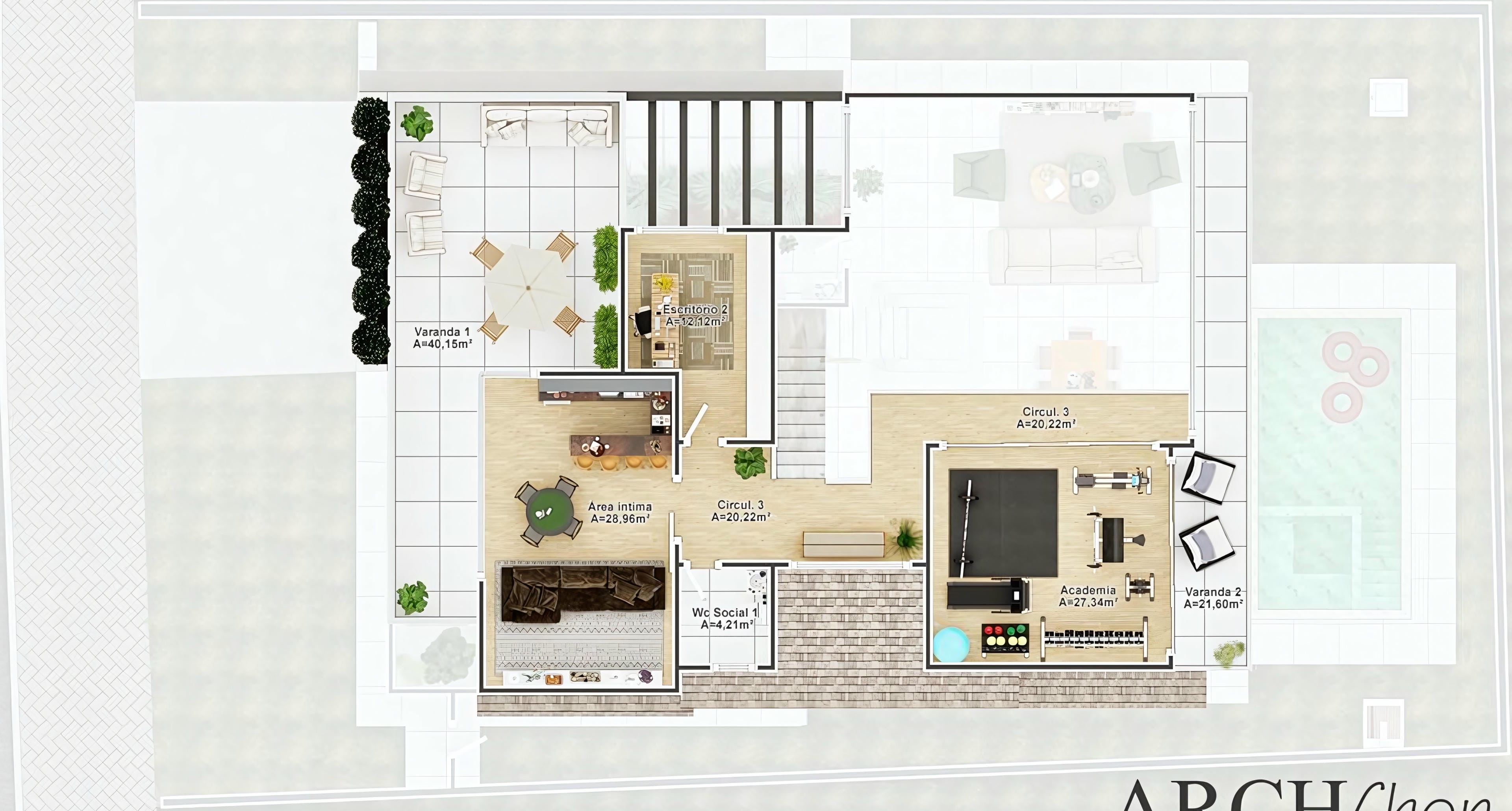 Floor plan of a modern two-story house with gourmet area, pool, and 2 suites. Detailed top view of environments, furniture, and leisure.