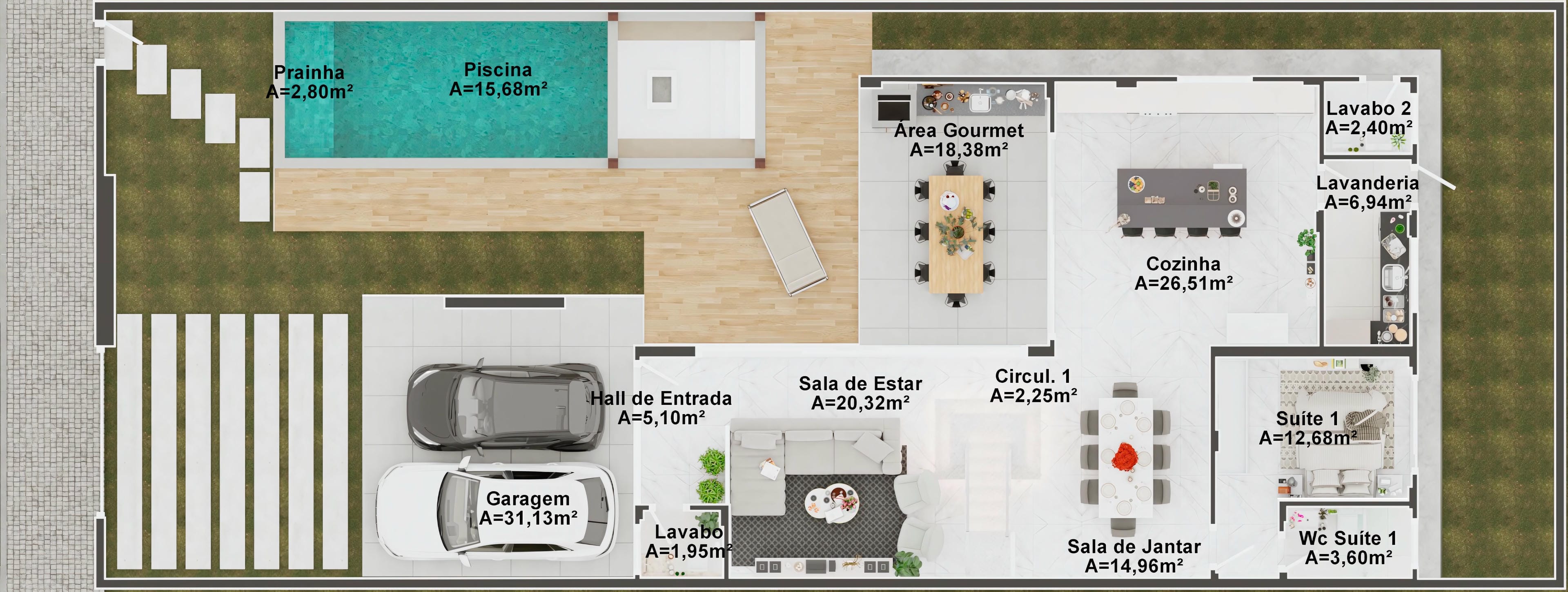 Floor plan of a modern two-story house with 4 suites, highlighting the gourmet area with a barbecue grill and the pool with a wooden deck.
