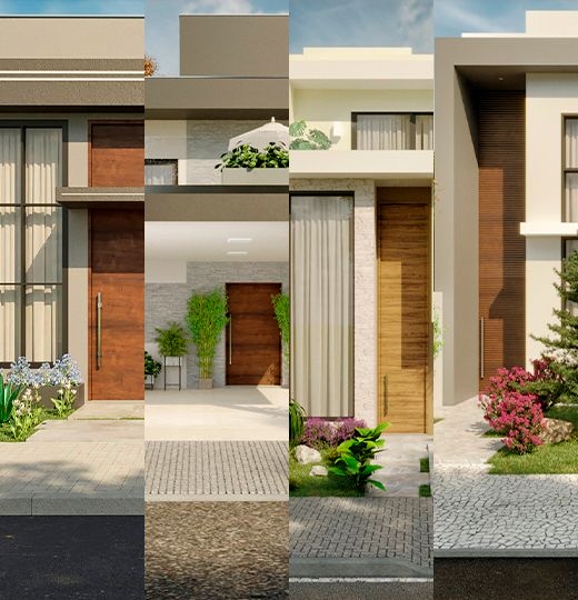 Four options of floor plans for 10x20 lots, showing different styles and layouts of modern houses.
