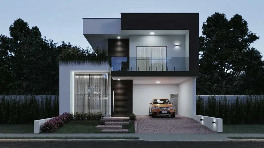 Facade of the Florence Project, a luxury two-story house with an elevated garden and straight lines.