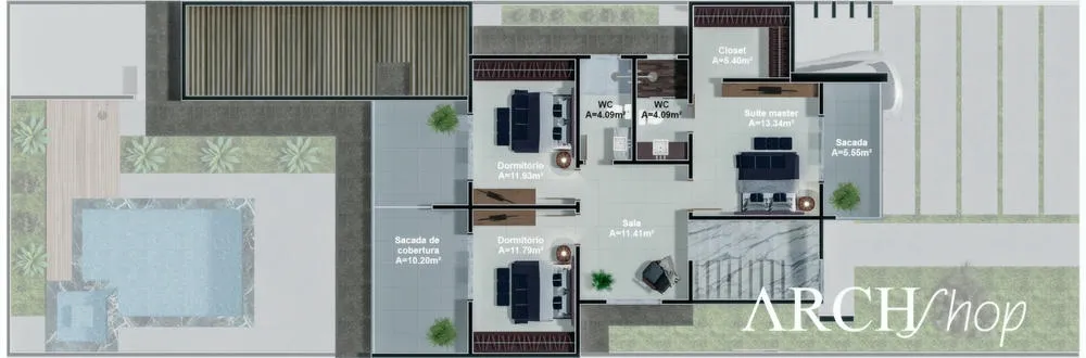 Upper floor plan of the Florida Project, with 3 bedrooms and suite.