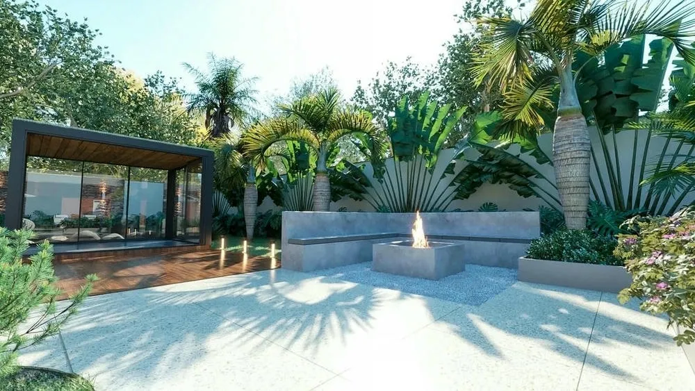 Fogo de chão com design contemporâneo em uma área externa, parte do Projeto Marselha da ArchShop, que convida ao convívio.