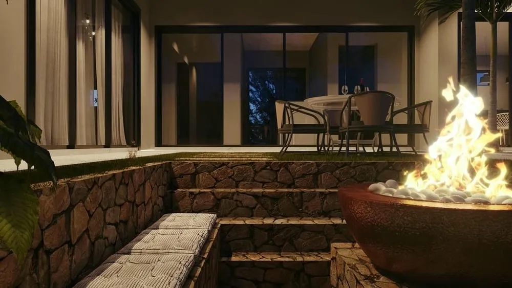 Fogo de chão em uma área privativa de luxo, do Projeto Tóquio da ArchShop, ideal para relaxamento exclusivo.
