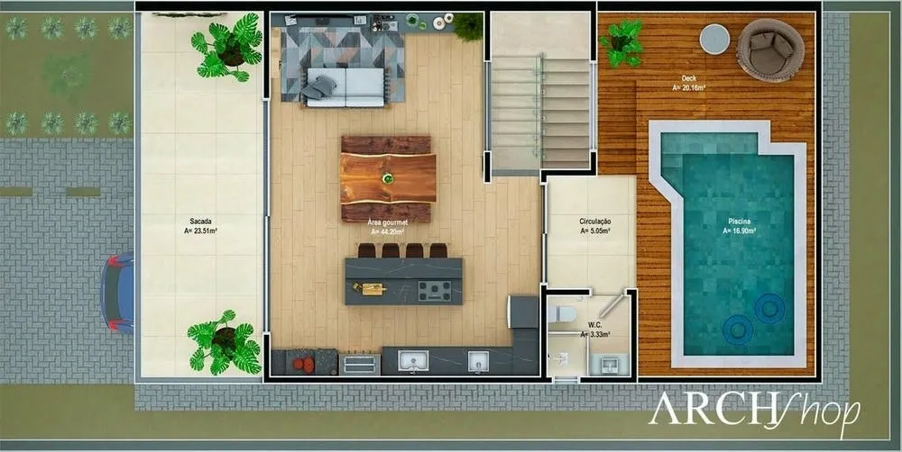 Four-bedroom house plans with American kitchen and gourmet area, ideal for social gatherings.