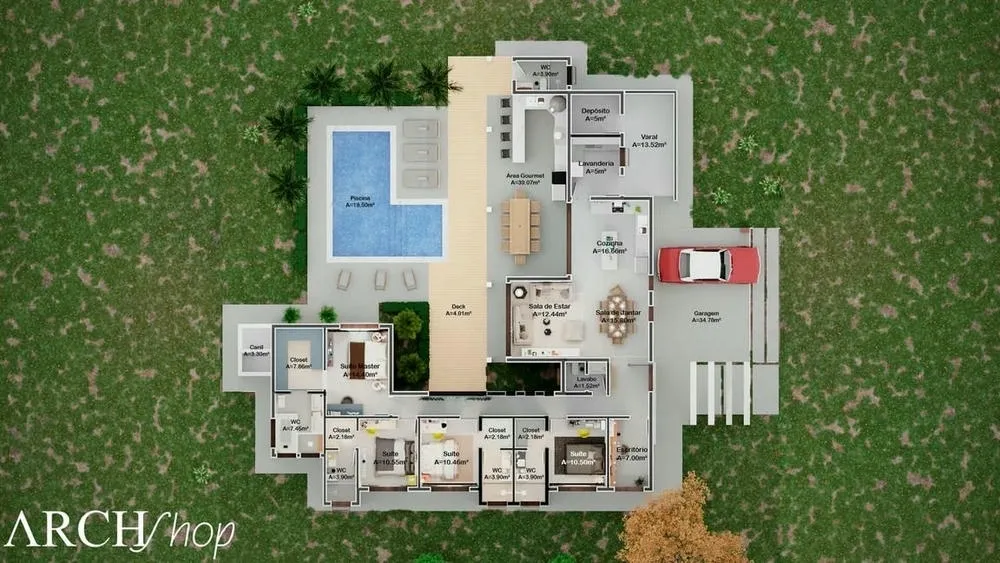 Four-suite single-story house plan, with gourmet area and pool, ideal for leisure and socializing.