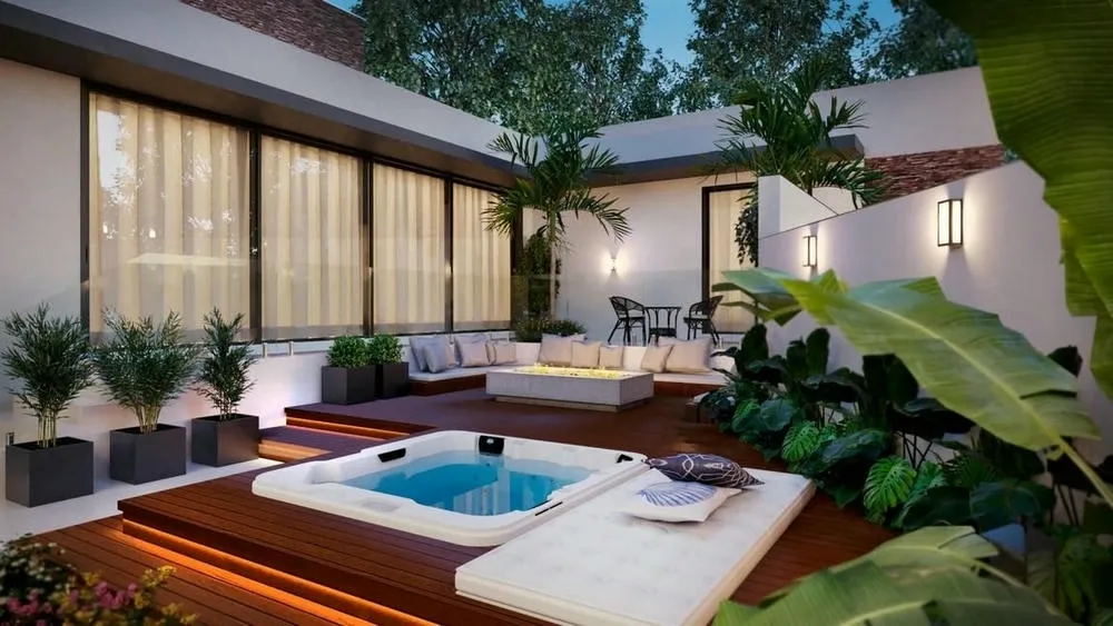 Fuego de suelo en un área de spa, con diseño lujoso, parte del Proyecto Singapur de ArchShop.
