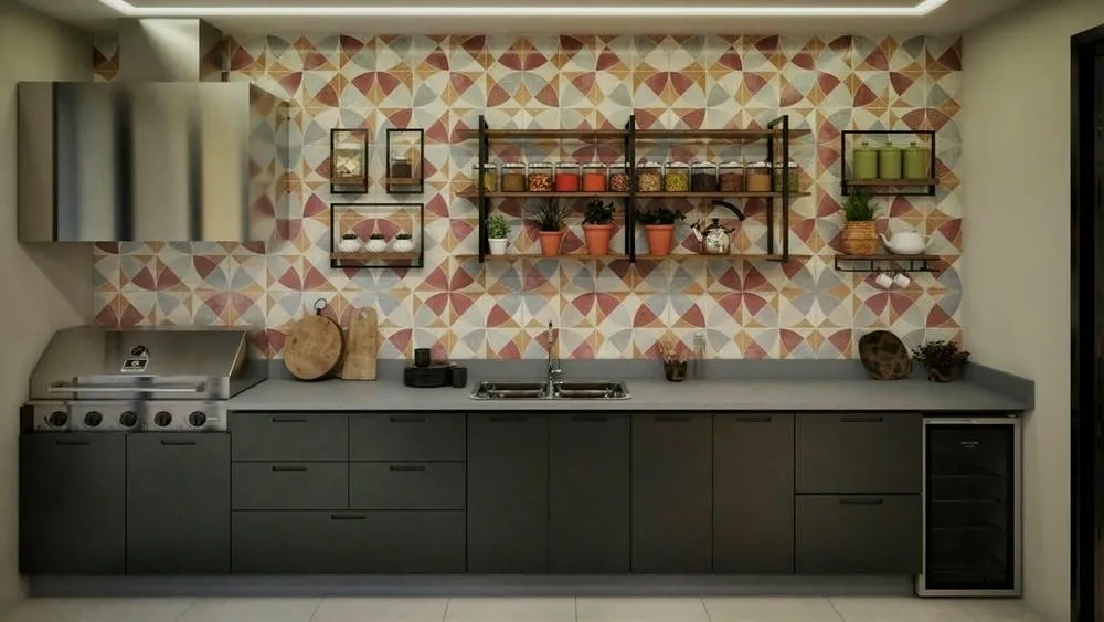 Dark cabinets in gourmet kitchen with decorated wall, shelves, and utensils, optimizing storage.