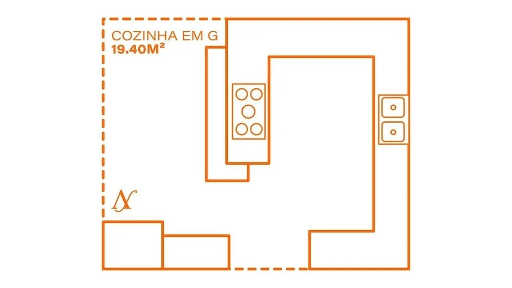 G-shaped kitchen with cabinets on three walls and a counter, optimizing space for work and storage.