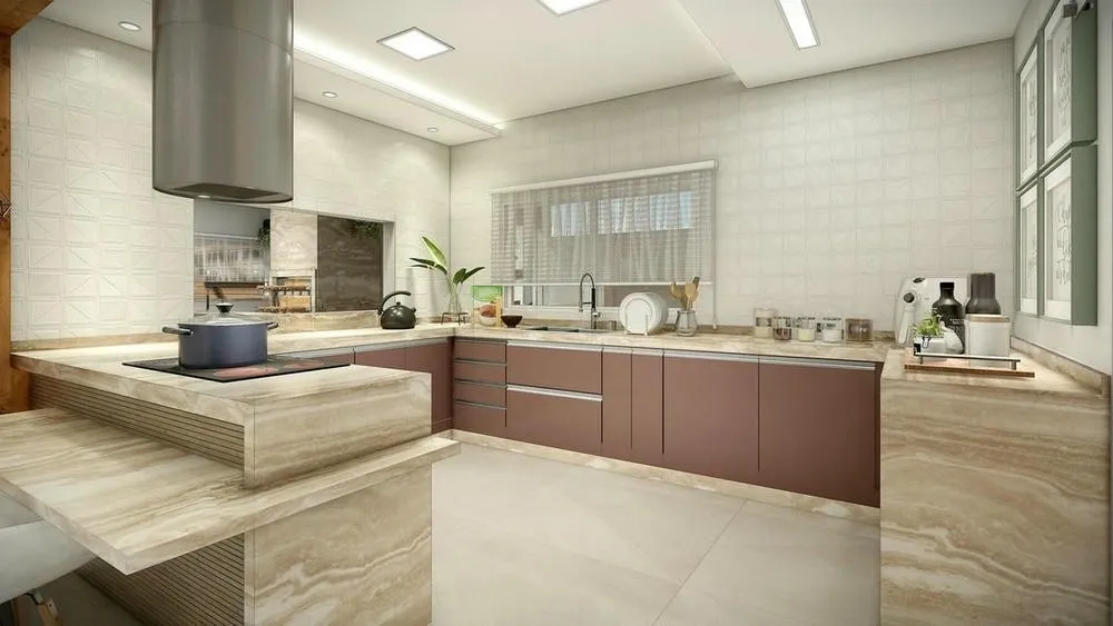 G-shaped kitchen with a central island, combining the advantages of both layouts.