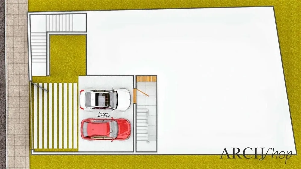 Imagem de garagem de planta de casa com três quartos, moderna, de terreno em aclive, Projeto América.