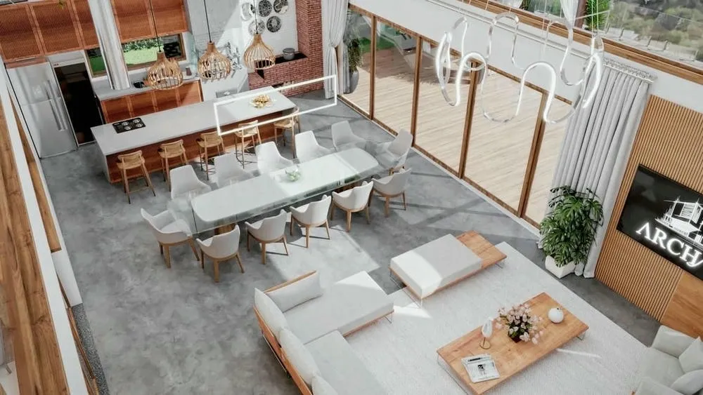 Gourmet area of the Buenos Aires Project, with high-standard design, TV room, table for 12 people, island with stools, double-height ceiling, and wood-fired oven, connected to the outdoor area.