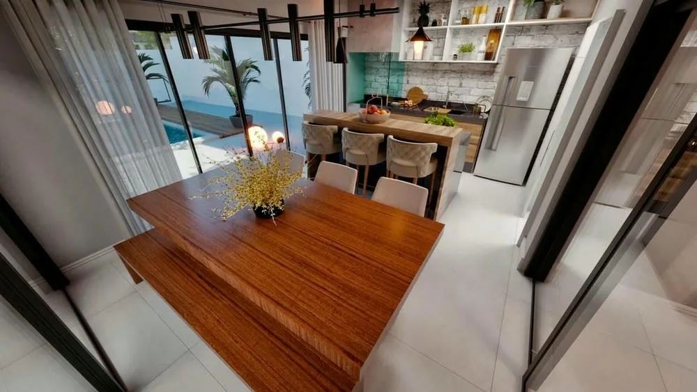 Gourmet space of the Geneva Project with rustic style and intimate atmosphere, wooden table, counter, and pendant lighting, with pool view.
