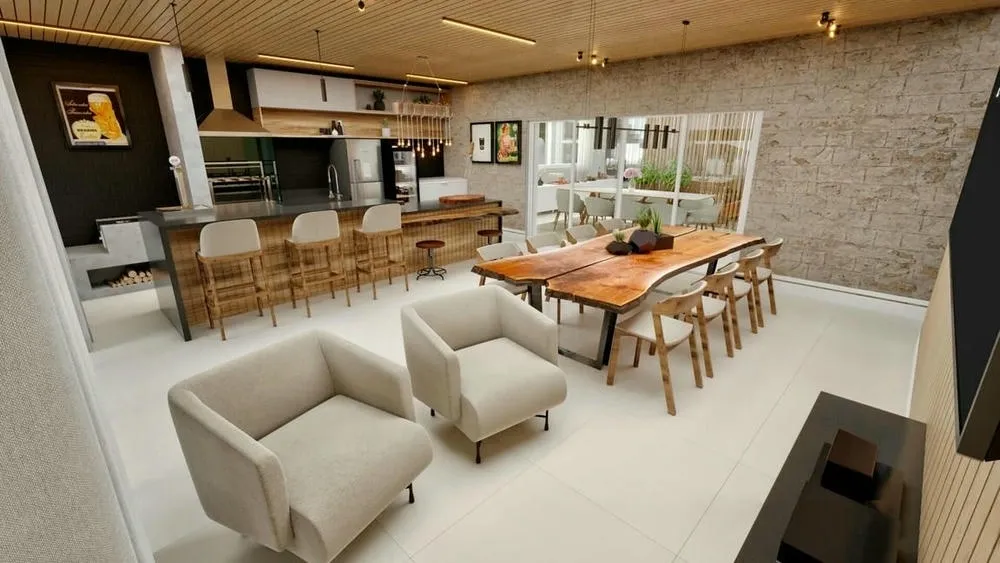 Gourmet area of the Rome Project, with rustic style and slatted wooden panel, central island, rustic wooden table, and wood-fired oven, with exit to the exterior.
