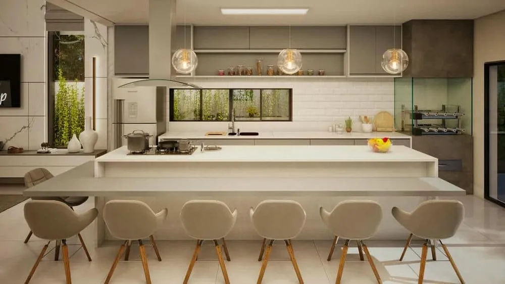 Spacious environment with gourmet integrated into the living room and pool, creating a fluid living area.