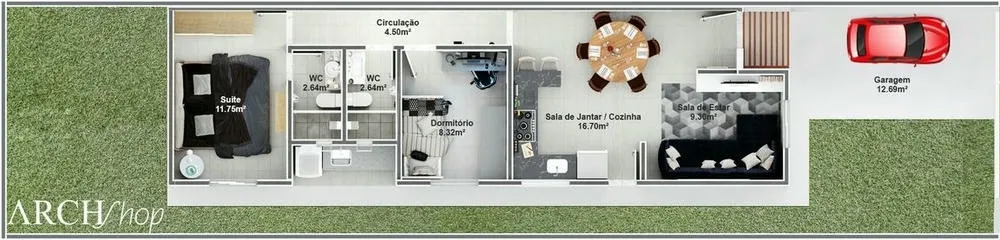 Humanized floor plan of a compact single-story house, with integrated living room and kitchen and two bedrooms.