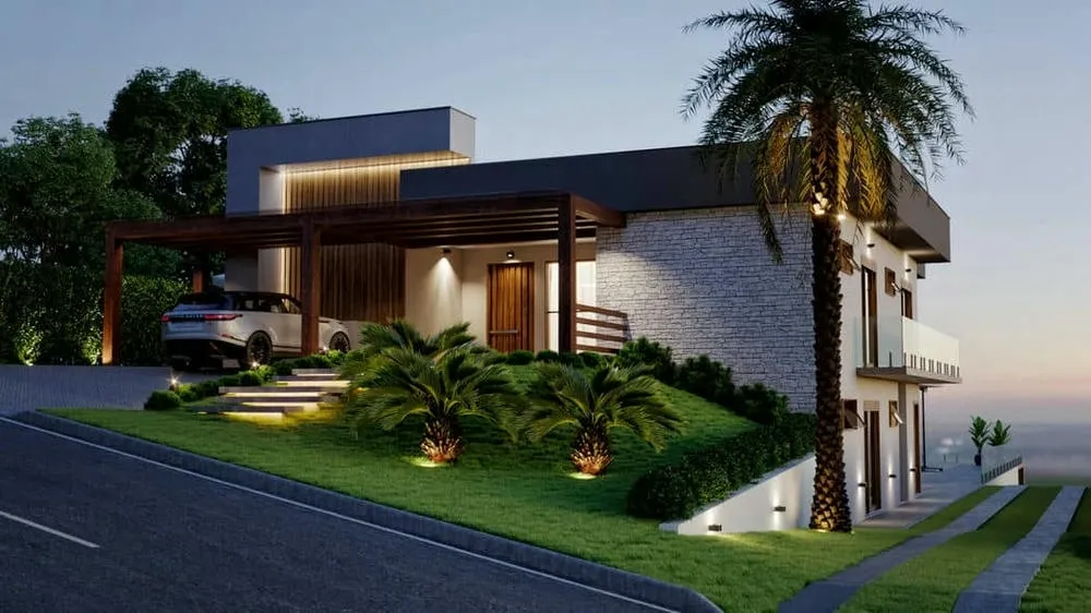 High-standard house facade with side slope and rustic style, providing a unique design integrated with the landscape.