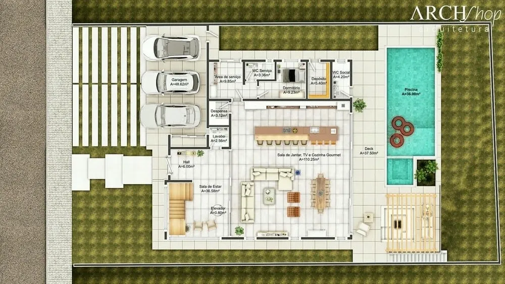 Humanized floor plan of a high-standard house with a pool, showing the integration of different areas.