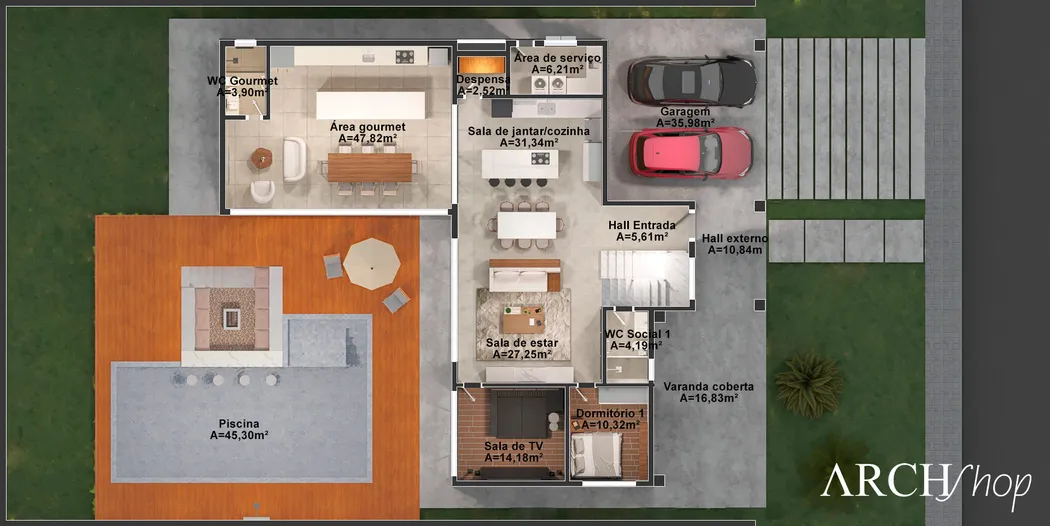 Floor plan of a neoclassical two-story house with 5 bedrooms, pool, and gourmet area, ideal for high standard.
