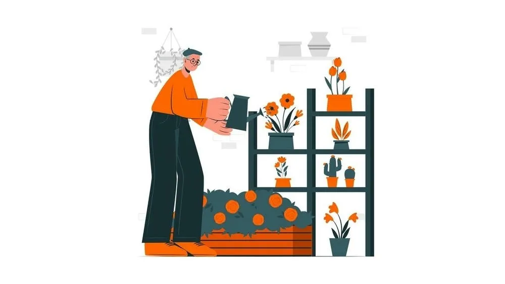 Hombre regando plantas en un jardín interior con una regadera, representando uno de los 5 posibles destinos del agua de la cisterna: riego de jardines y plantas.