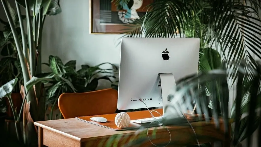 A home office with a computer on a wooden desk, surrounded by various green plants of different sizes and types. A brown leather office chair and a painting on the wall complement the space. The scene suggests a calm and inspiring work environment.