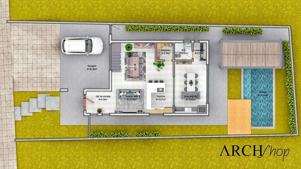 Image of a house plan with 3 bedrooms, pergola, gourmet area, and pool, Lisbon Project.