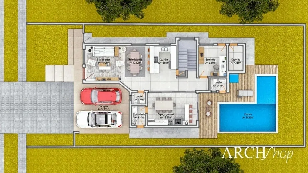 Example of a house plan with 3 suites, gourmet area, and imposing facade, Dublin Project.