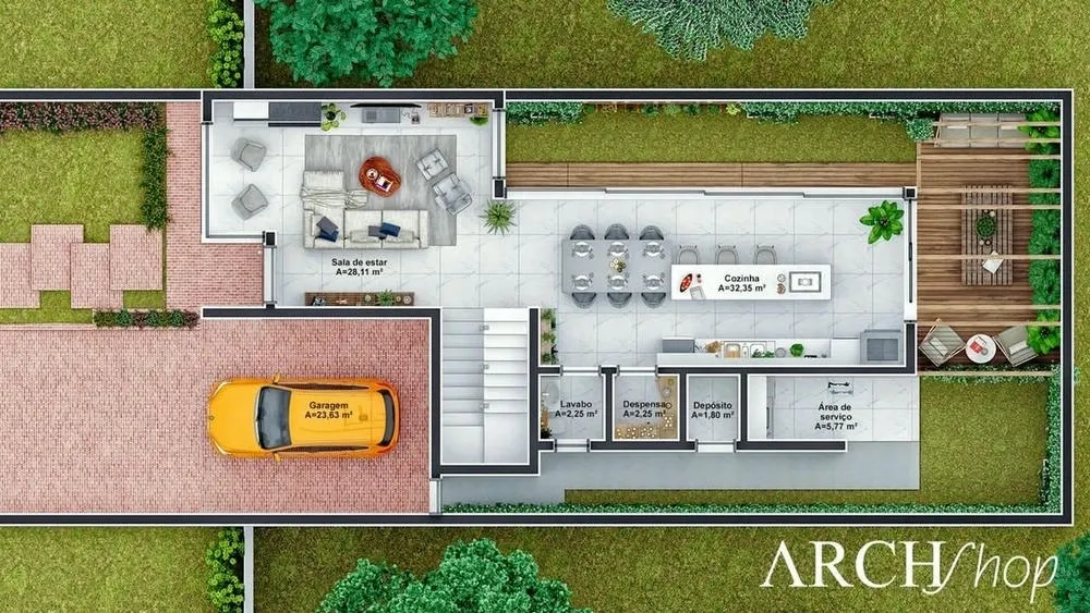 Image of a house plan with modern facade, 3 suites, cozy, Florence Project.