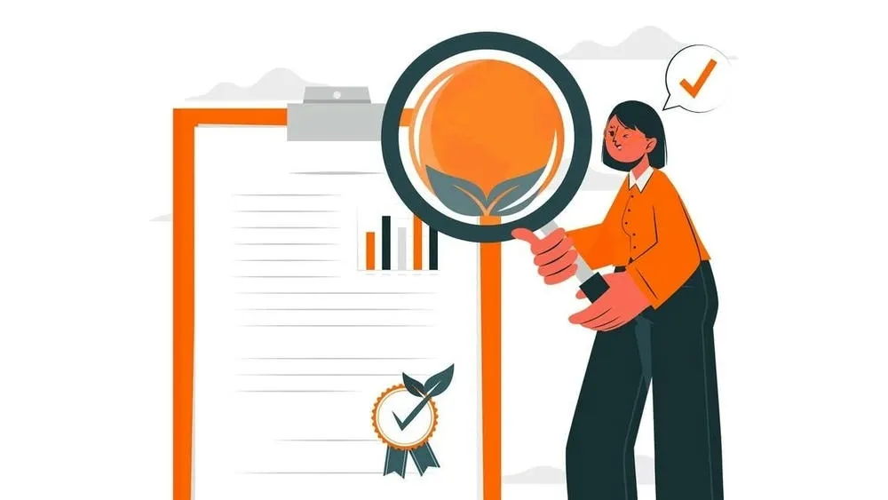 Illustration of a person holding a magnifying glass over a document with quality seals and graphs, indicating the analysis of greenwashing characteristics.