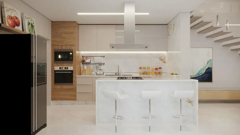 Iluminação LED sob os armários em cozinha planejada, ideal para áreas de trabalho e realce estético no Projeto Memphis.
